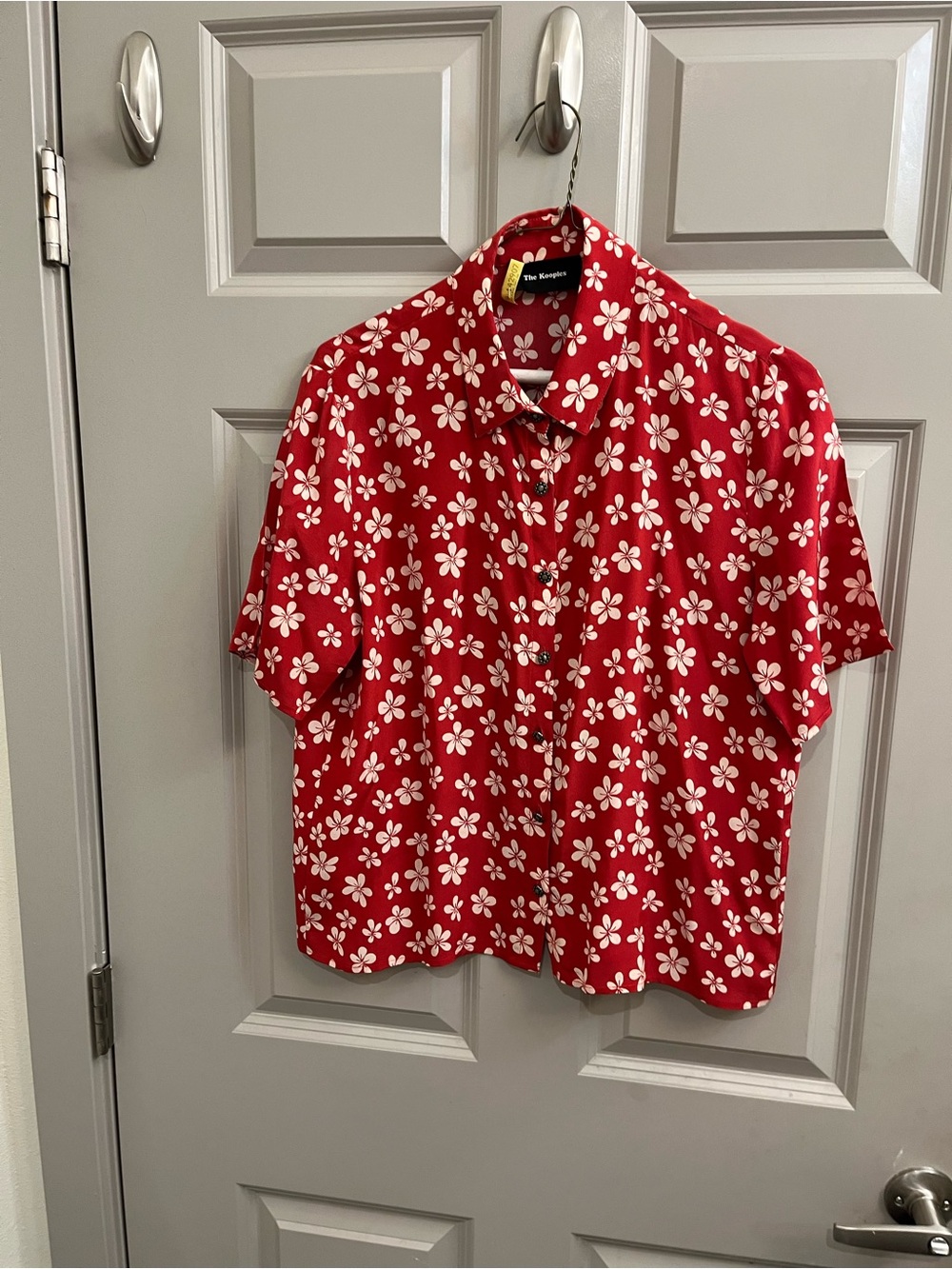 Kooples  100%  Silk short Sleeve Button-Up Shirt with cream color flowers sz M